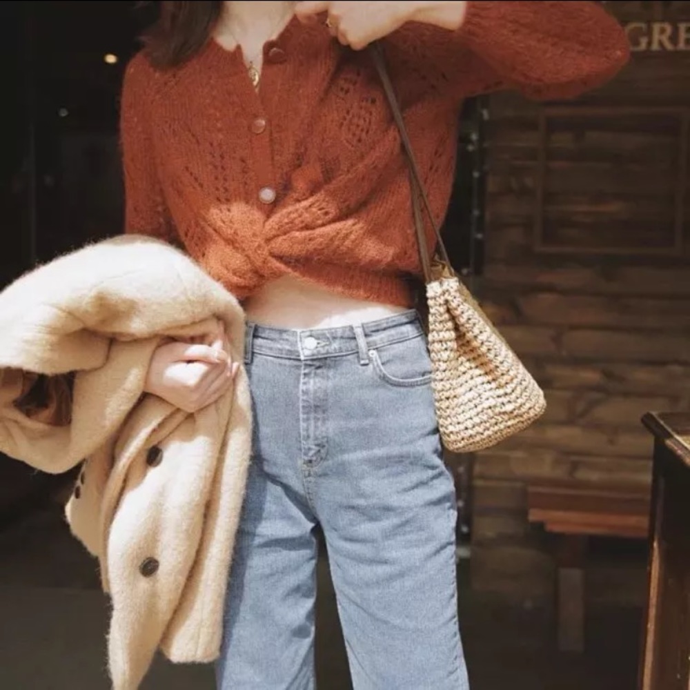 Wool mohair knitted hollow lace cardigan